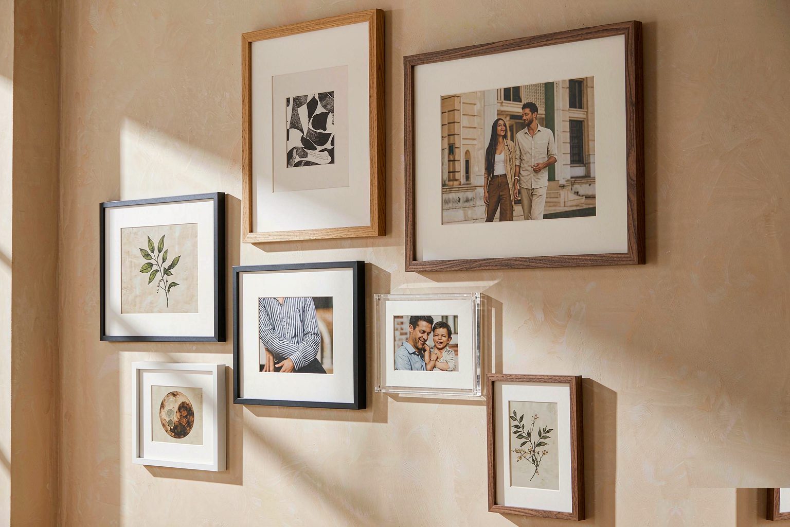 Gallery wall of mixed-material picture frames